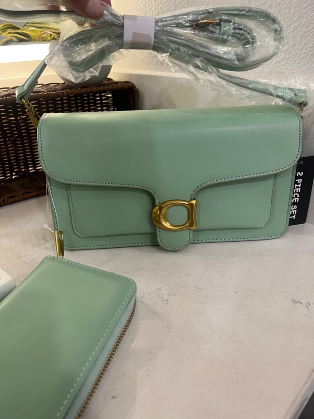 Mint Green Crossbody Bag with Gold Buckle and a wallet - 2 Piece Set. New
